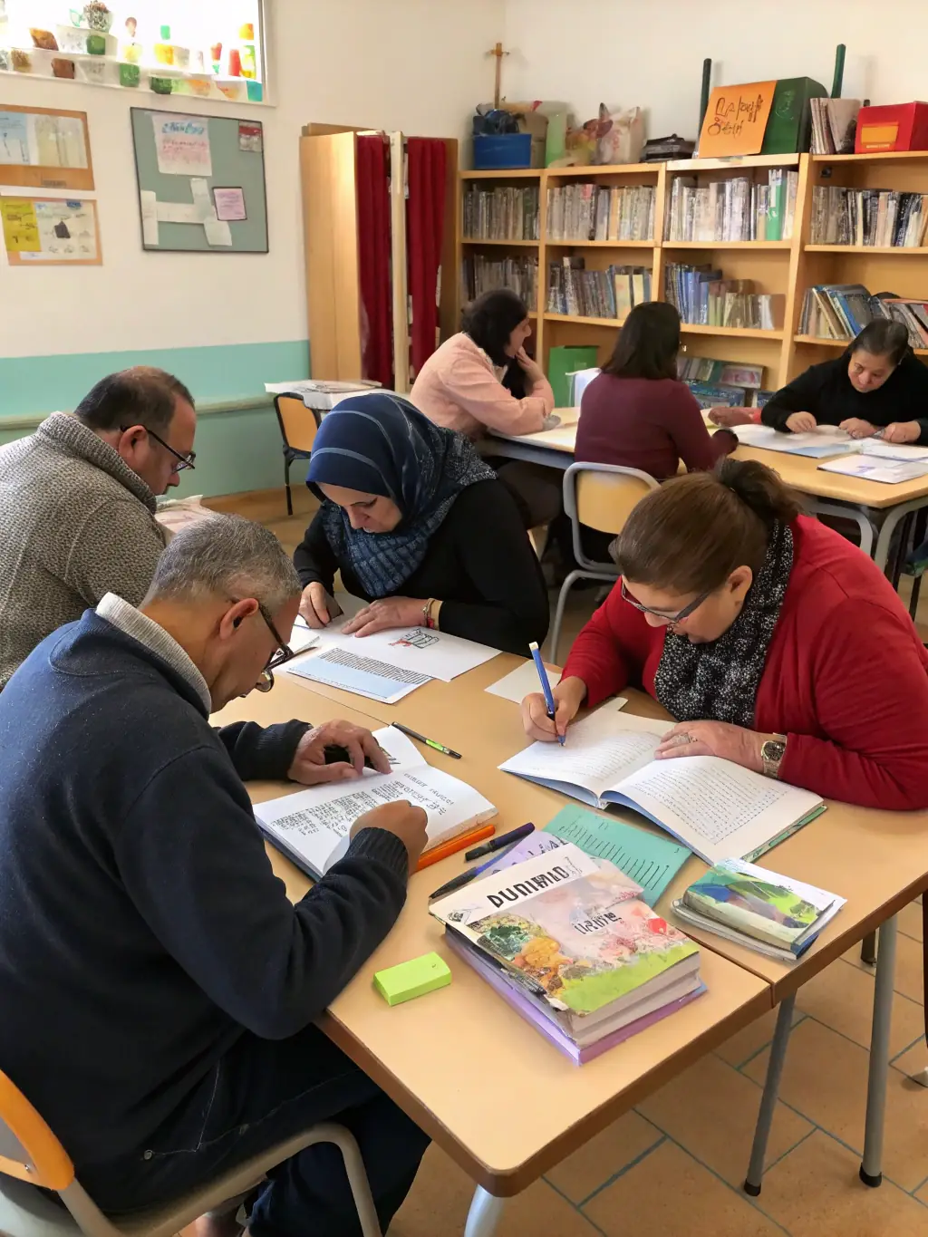 A photograph showcasing adults attending a computer literacy workshop at the library, focusing on digital skills and online resources.