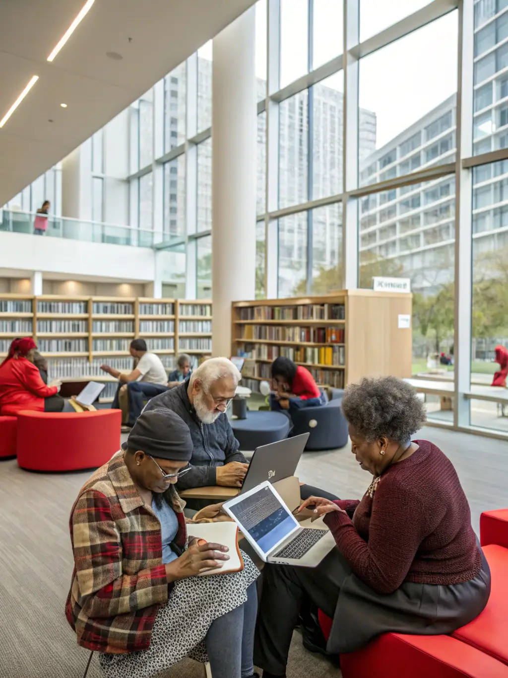 A group of adults attending a computer literacy workshop at ASSOCIAT BIBLIOTHEQUE SAINT YRIEIX, focused on learning basic computer skills.