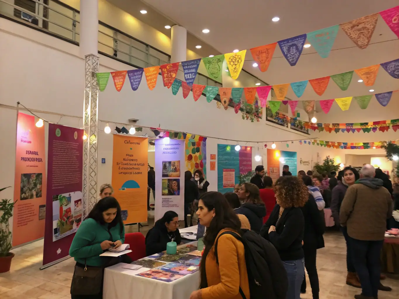 A vibrant image of a community event at the library, showcasing a cultural performance or a book fair with diverse attendees.