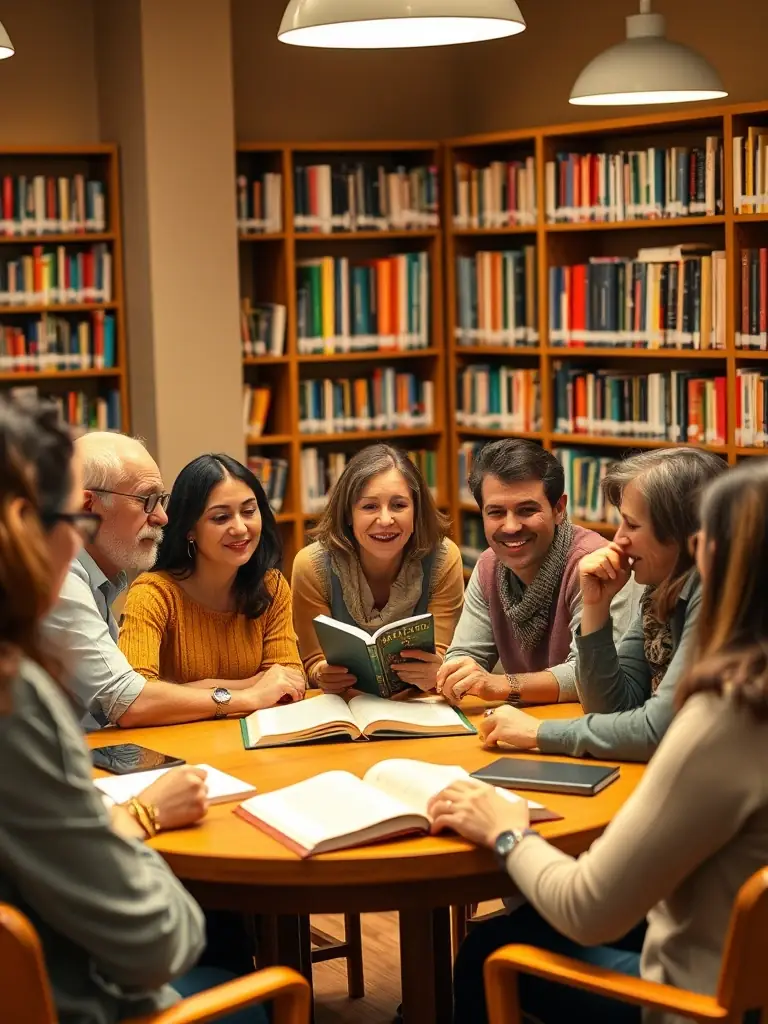 A picture of community members participating in a book club discussion at the library, emphasizing social interaction and intellectual engagement.