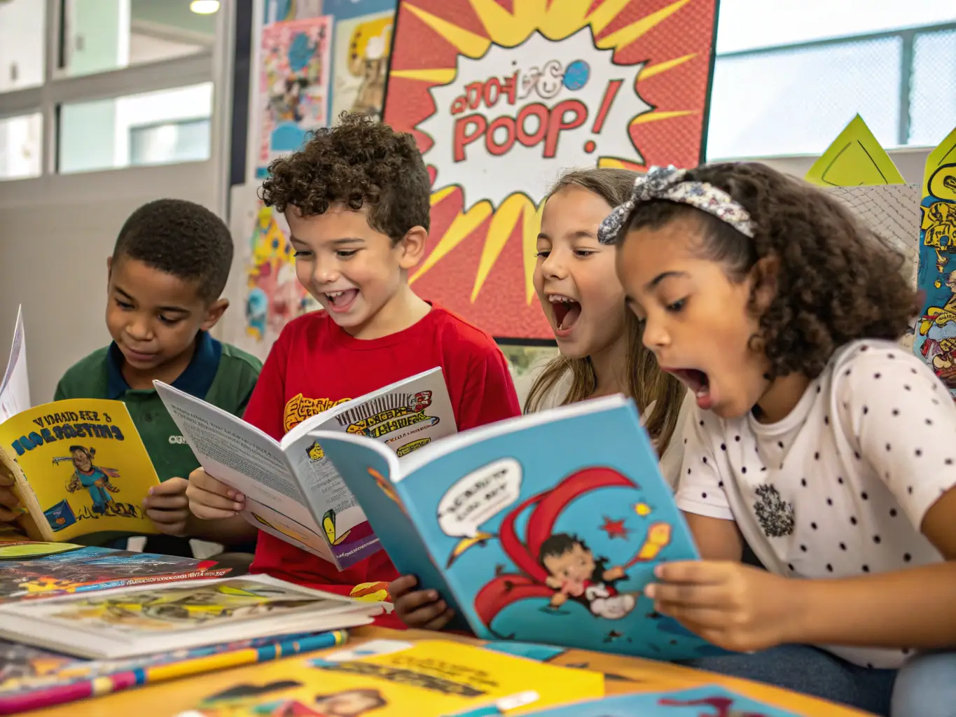 A group of children participating in a story time session at the library, with a librarian reading aloud from a colorful picture book.
